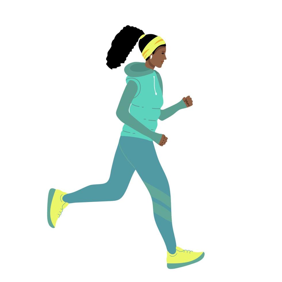 löpning sportig afro amerikan kvinna i en jacka, värma kläder kör . ung flicka går i för sporter. hand dragen stil vektor design illustrationer. tecknad serie.