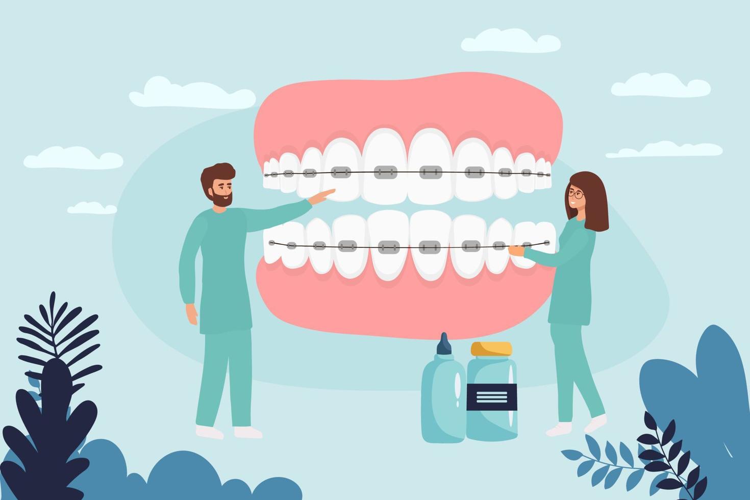 Kieferorthopäde installiert Dental Hosenträger zum Begradigung. winzig Zahnarzt Arzt Forschung Röntgen Bild von Zahn. Zahnheilkunde, Hosenträger Installation, Zähne Ausrichtung. Prothetik, kieferorthopädisch Behandlung. vektor