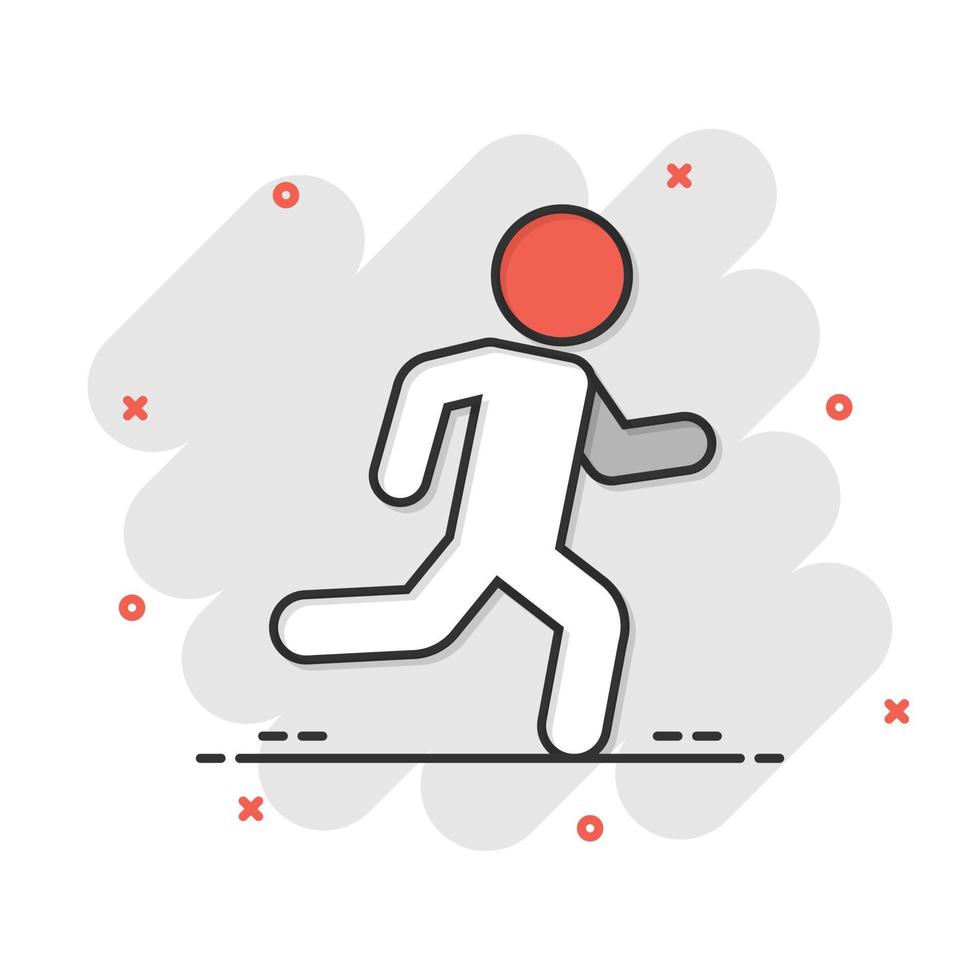 löpning människor tecken ikon i komisk stil. springa silhuett vektor tecknad serie illustration på vit isolerat bakgrund. rörelse joggning företag begrepp stänk effekt.