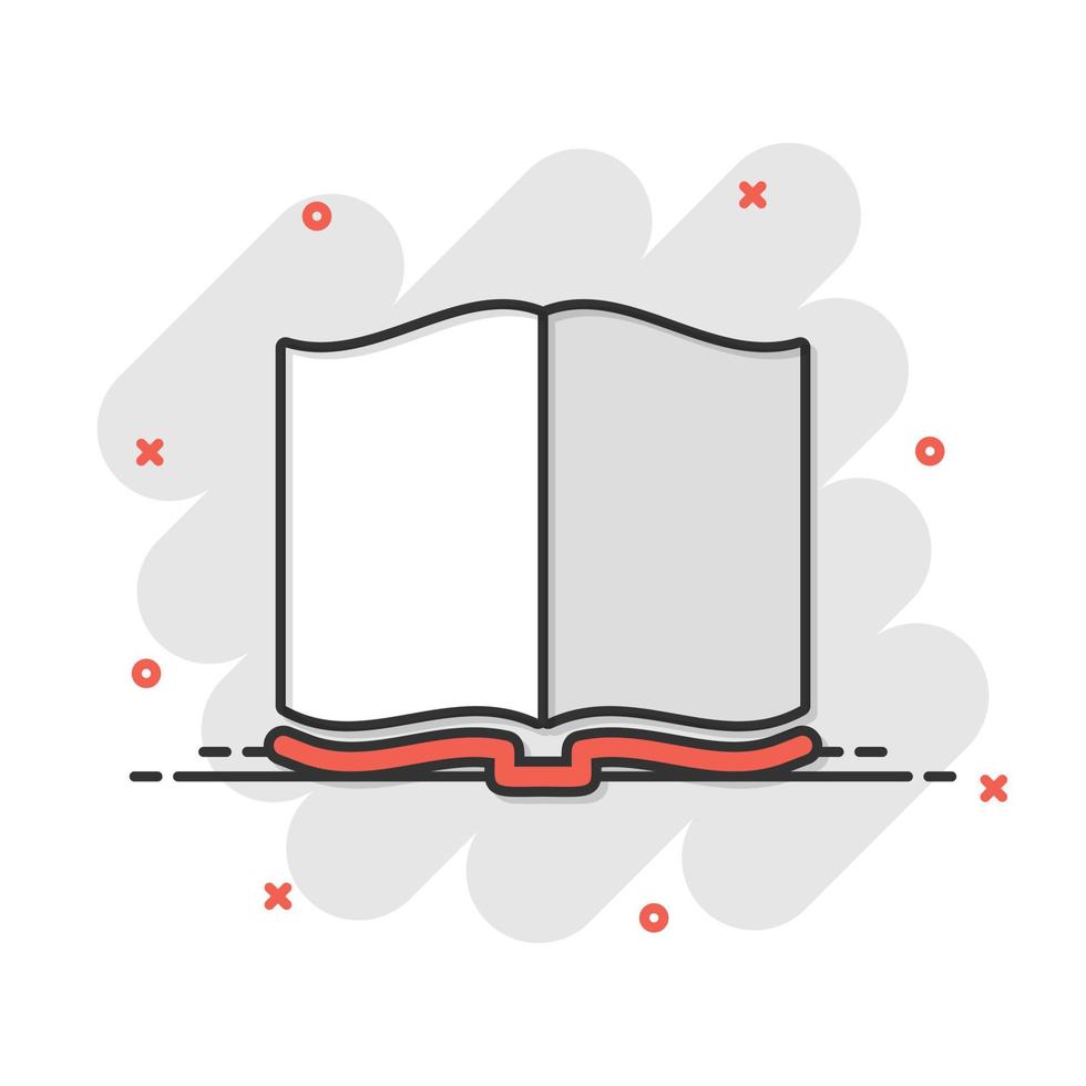 Symbol für offenes Buch im Comic-Stil. Literaturvektorkarikaturillustration auf weißem lokalisiertem Hintergrund. Splash-Effekt für das Geschäftskonzept der Bibliothek. vektor