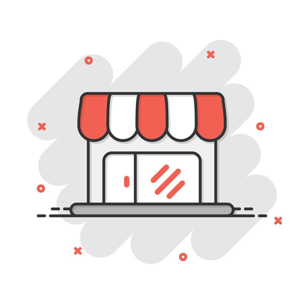 Lebensmittelgeschäft-Symbol im Comic-Stil. Shop-Gebäude-Vektor-Cartoon-Illustration auf weißem Hintergrund isoliert. Markt-Boutique-Geschäftskonzept-Splash-Effekt. vektor