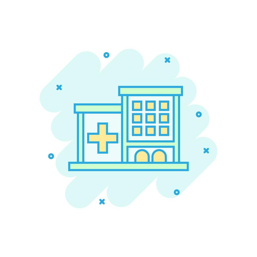 sjukhus byggnad ikon i komisk stil. sjukhus vektor tecknad serie illustration på vit isolerat bakgrund. medicinsk ambulans företag begrepp stänk effekt.