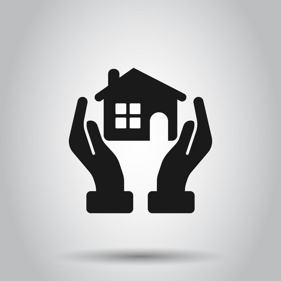 Hem vård ikon i platt stil. hand håll hus vektor illustration på isolerat bakgrund. byggnad kvalitet företag begrepp.
