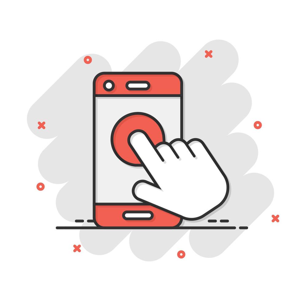 hand Rör smartphone ikon i komisk stil. telefon finger vektor tecknad serie illustration på vit isolerat bakgrund. markören pekskärm företag begrepp stänk effekt.