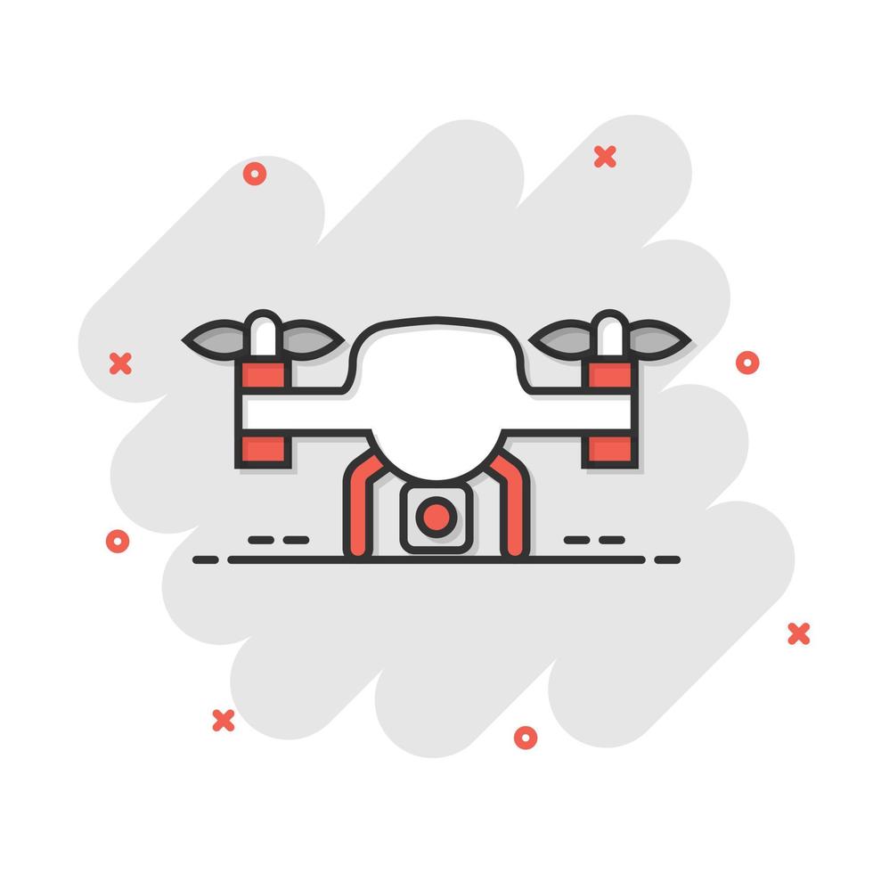 Drönare quadrocopter ikon i komisk stil. quadcopter kamera vektor tecknad serie illustration på vit isolerat bakgrund. helikopter flyg företag begrepp stänk effekt.