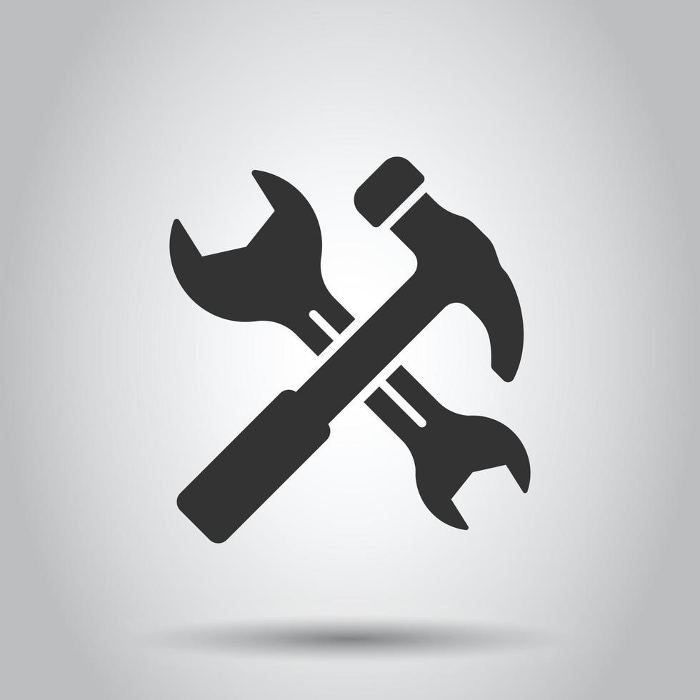 Hammer mit Schraubenschlüssel-Symbol im flachen Stil. Arbeitsinstrument-Vektorillustration auf weißem getrenntem Hintergrund. Geschäftskonzept für Reparaturgeräte. vektor