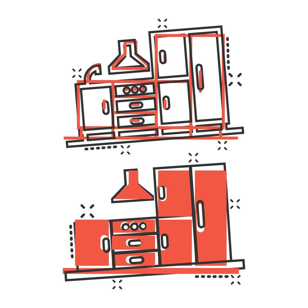 Küchenmöbel-Ikone im Comic-Stil. Küche Cartoon-Vektor-Illustration auf weißem Hintergrund isoliert. Geschäftskonzept mit Kochraum-Splash-Effekt. vektor