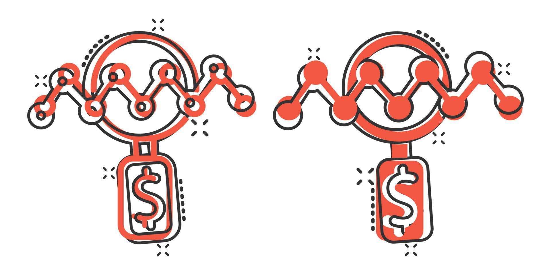 Lupenglas mit Geldsymbol im Comic-Stil. Dollar-Suchkarikatur-Vektorillustration auf weißem lokalisiertem Hintergrund. Finanzwährung Splash-Effekt-Geschäftskonzept. vektor