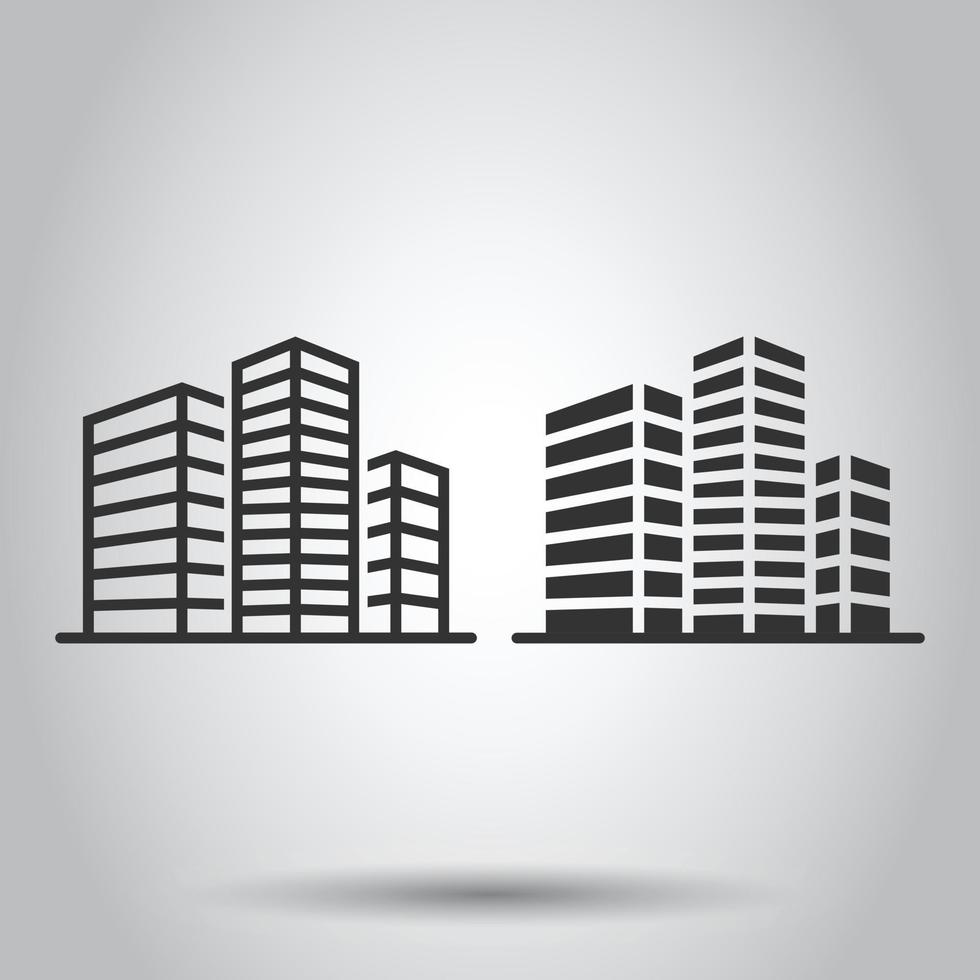 Gebäudesymbol im flachen Stil. Stadtwolkenkratzerwohnungs-Vektorillustration auf weißem lokalisiertem Hintergrund. Geschäftskonzept des Stadtturms. vektor