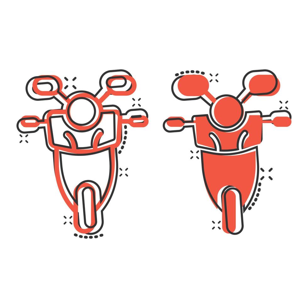 motorcykel ikon i komisk stil. skoter tecknad serie vektor illustration på vit isolerat bakgrund. moped fordon stänk effekt företag begrepp.