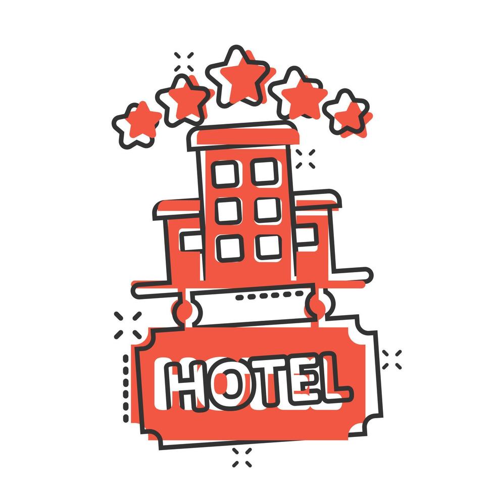 Hotel 5-Sterne-Schild-Symbol im Comic-Stil. gasthaus, gebäude, karikatur, vektor, abbildung, auf, weiß, freigestellt, hintergrund. Geschäftskonzept mit Splash-Effekt für Hostelzimmer. vektor