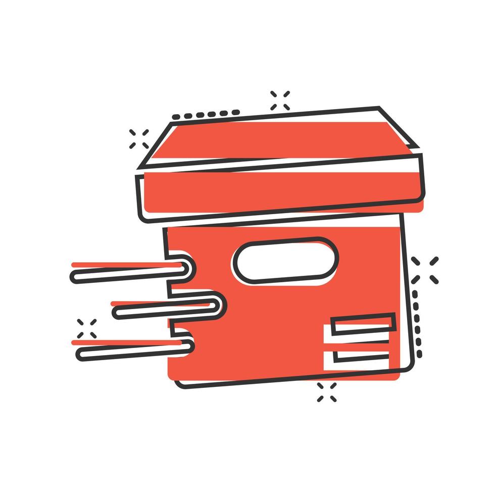 Versandkarton-Symbol im Comic-Stil. Behälterkarikatur-Vektorillustration auf weißem lokalisiertem Hintergrund. Geschäftskonzept mit Splash-Effekt für Kartonverpackungen. vektor