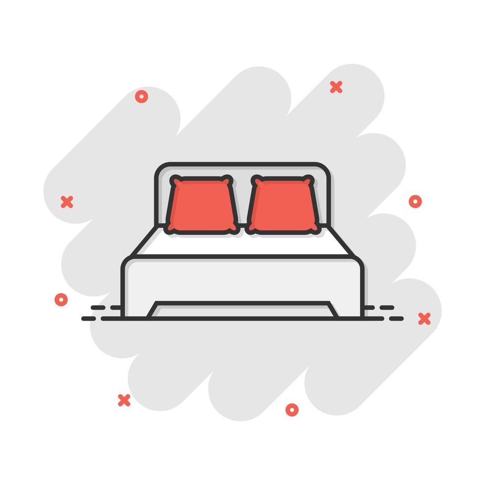 Bett-Symbol im Comic-Stil. Schlaf Schlafzimmer Vektor Cartoon Illustration Piktogramm. Relax Sofa Geschäftskonzept Splash-Effekt.