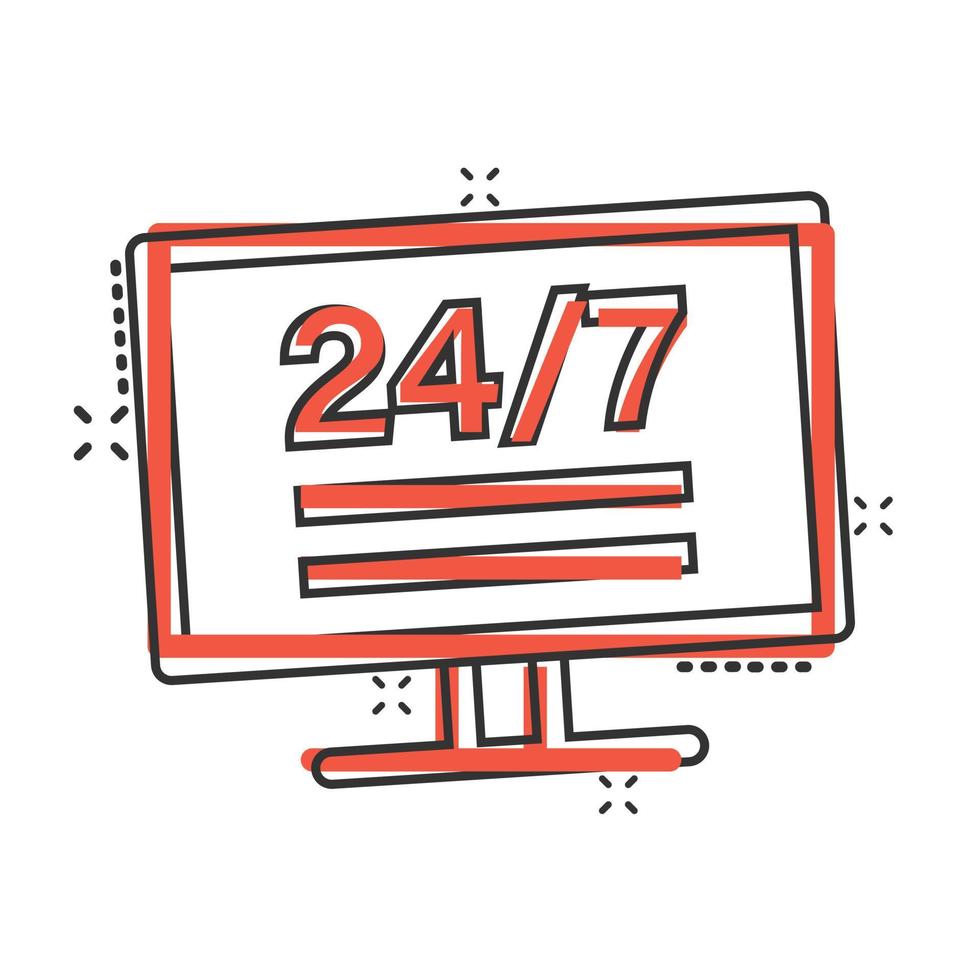 24 7 dator ikon i komisk stil. Allt dag service tecknad serie vektor illustration på vit isolerat bakgrund. Stöd stänk effekt företag begrepp.