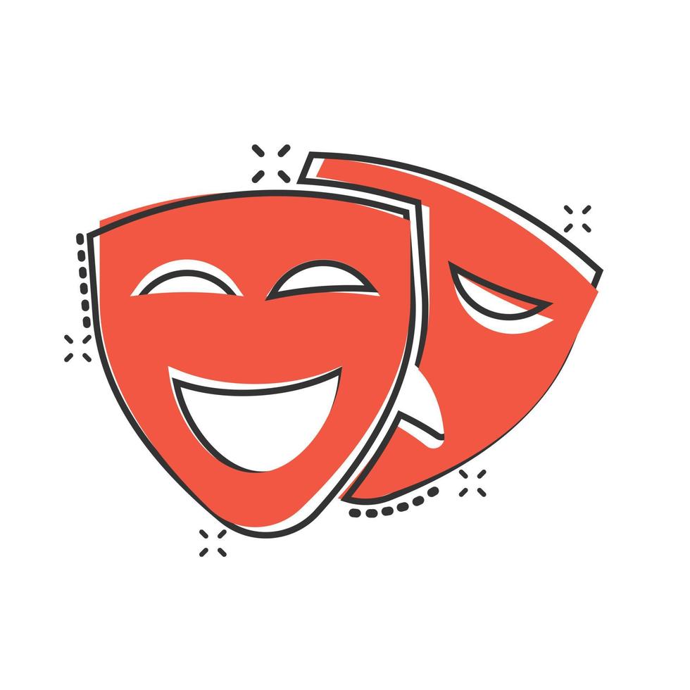 teater mask ikon i komisk stil. komedi och tragedi tecknad serie vektor illustration på vit isolerat bakgrund. leende ansikte stänk effekt företag begrepp.