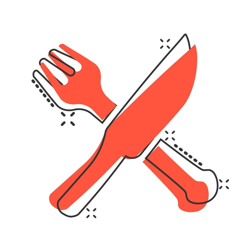 gaffel och kniv restaurang ikon i komisk stil. middag Utrustning vektor tecknad serie illustration piktogram stänk effekt.