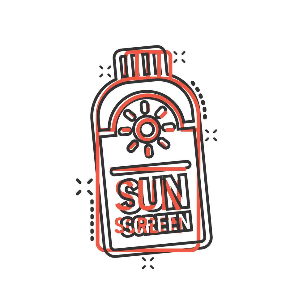Sonnenschutz-Symbol im Comic-Stil. Sonnencreme-Cartoon-Vektorillustration auf weißem, isoliertem Hintergrund. Geschäftskonzept mit SPF-Pflege-Splash-Effekt. vektor