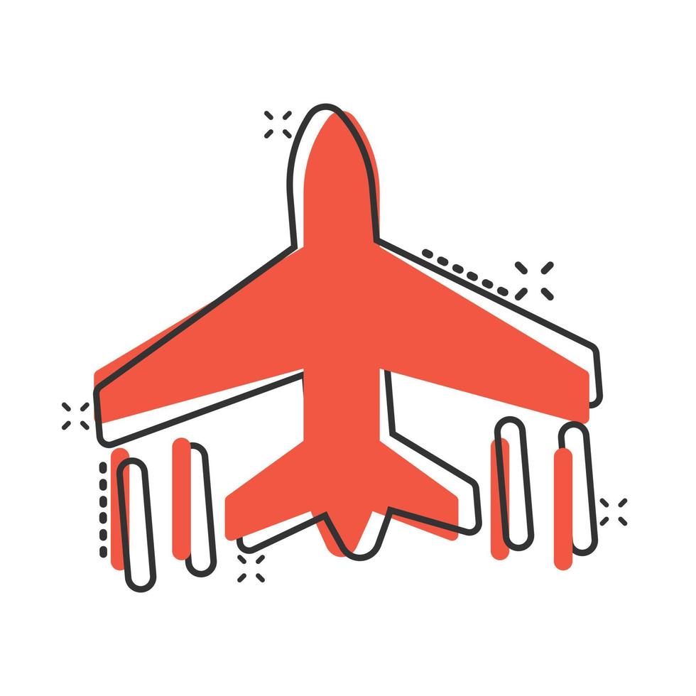 Flugzeug-Symbol im Comic-Stil. Flugzeugkarikatur-Vektorillustration auf weißem lokalisiertem Hintergrund. Geschäftskonzept mit Splash-Effekt für Fluglinienflugzeuge. vektor