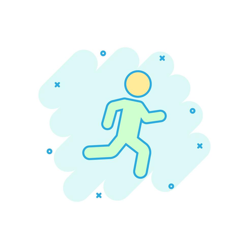 löpning människor tecken ikon i komisk stil. springa silhuett vektor tecknad serie illustration på vit isolerat bakgrund. rörelse joggning företag begrepp stänk effekt.