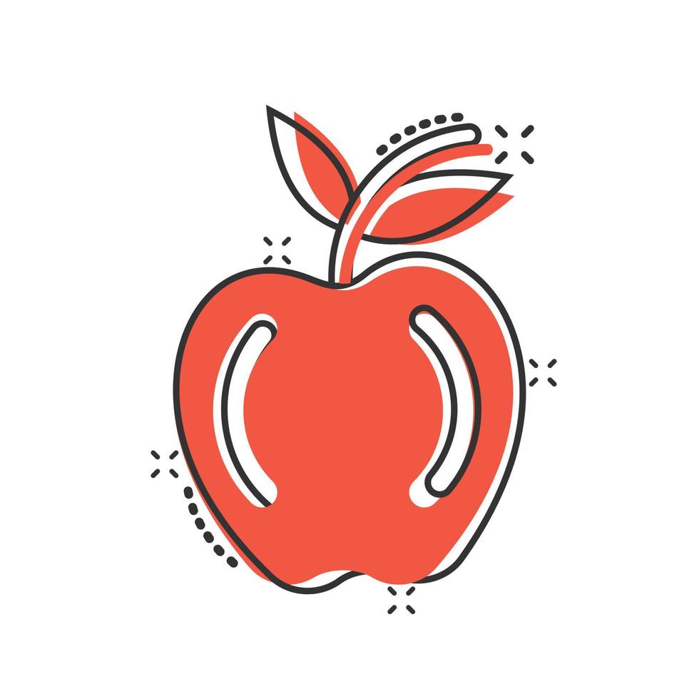 Apple-Symbol im Comic-Stil. Cartoon-Vektorillustration der frischen Frucht auf weißem lokalisiertem Hintergrund. Geschäftskonzept mit saftigem Food-Splash-Effekt. vektor