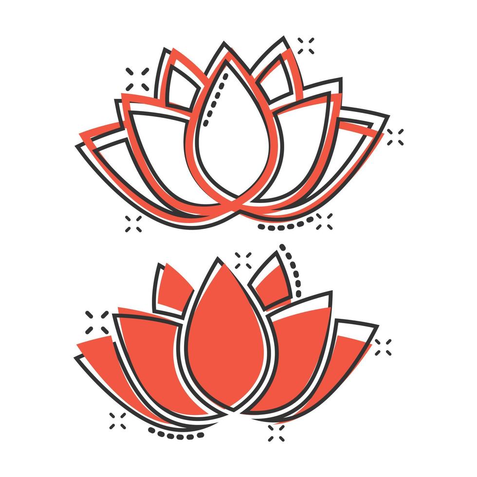 Lotus-Symbol im Comic-Stil. Blumenblattkarikatur-Vektorillustration auf weißem lokalisiertem Hintergrund. Geschäftskonzept für Blütenpflanzen-Splash-Effekt. vektor