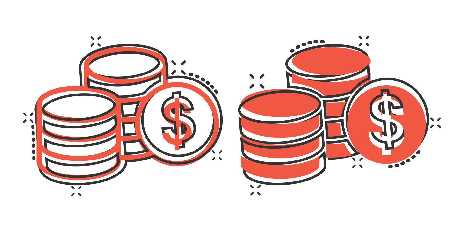 mynt stack ikon i komisk stil. dollar mynt tecknad serie vektor illustration på vit isolerat bakgrund. pengar staplade stänk effekt företag begrepp.
