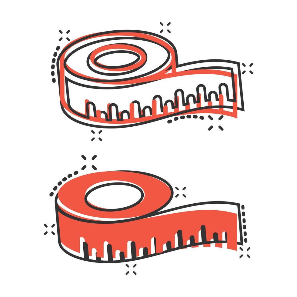 mäta tejp ikon i komisk stil. linjal tecknad serie tecken vektor illustration på vit isolerat bakgrund. meter stänk effekt företag begrepp.