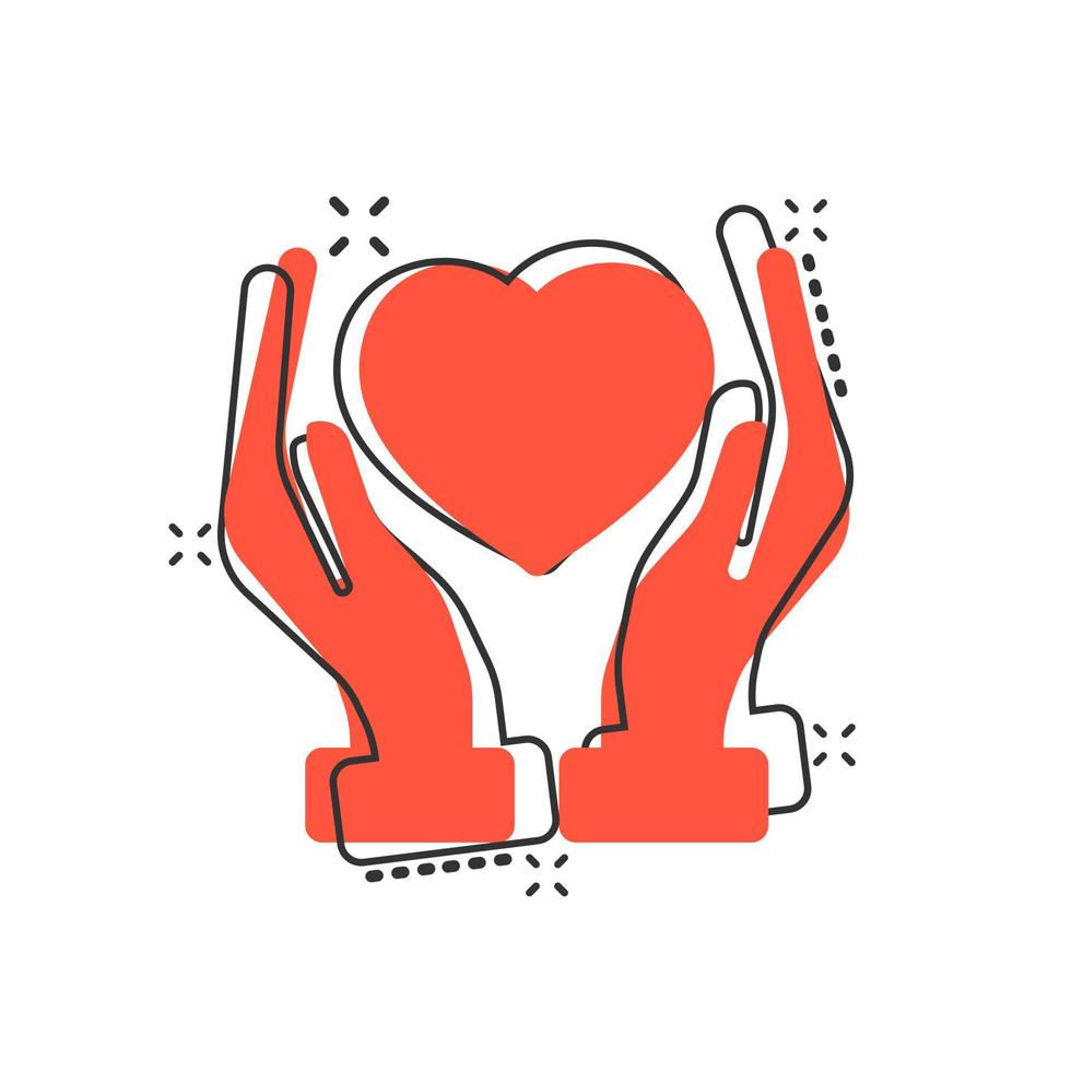 hjärta vård ikon i komisk stil. välgörenhet vektor tecknad serie illustration på vit isolerat bakgrund. kärlek i hand företag begrepp stänk effekt.