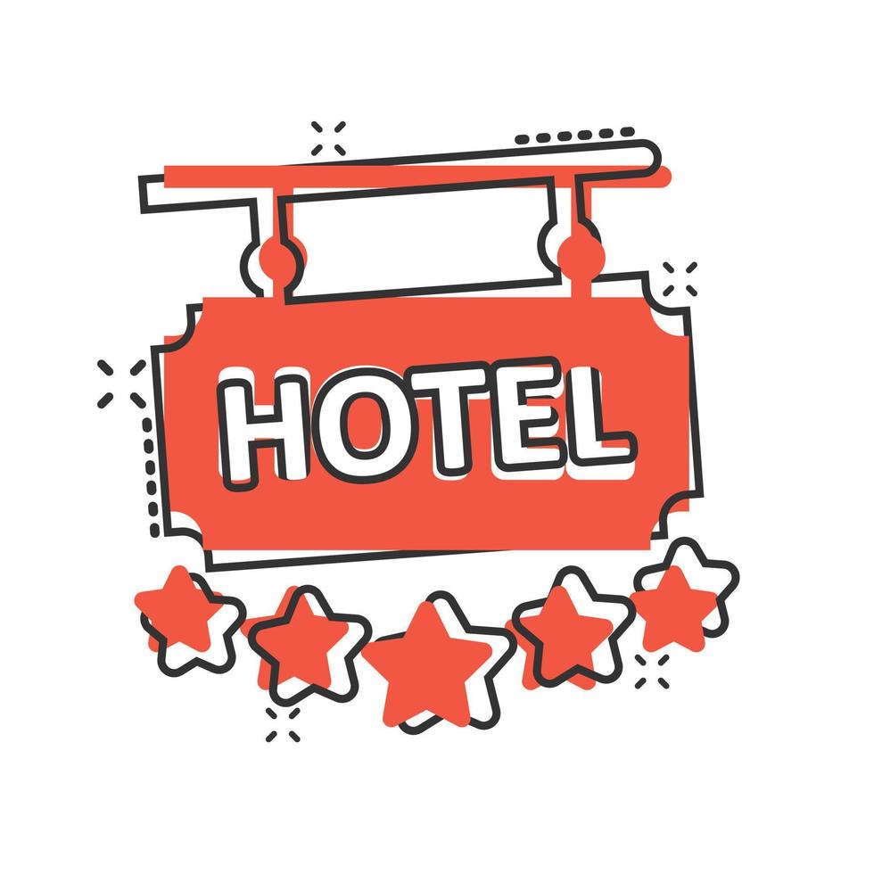 Hotel 5-Sterne-Schild-Symbol im Comic-Stil. Inn Cartoon-Vektor-Illustration auf weißem Hintergrund isoliert. Geschäftskonzept mit Splash-Effekt für Hostelzimmerinformationen. vektor