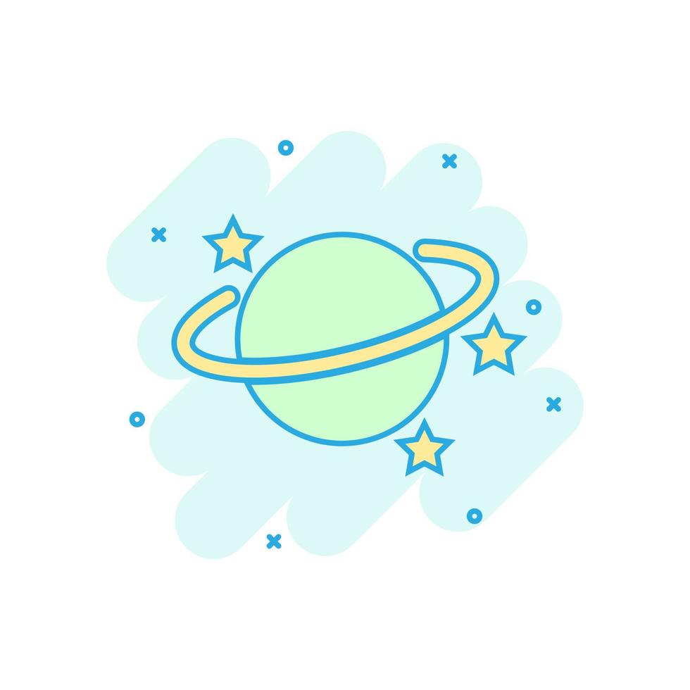 Saturn-Symbol im Comic-Stil. planetenvektorkarikaturillustration auf weißem lokalisiertem hintergrund. galaxie weltraum geschäftskonzept splash effekt. vektor