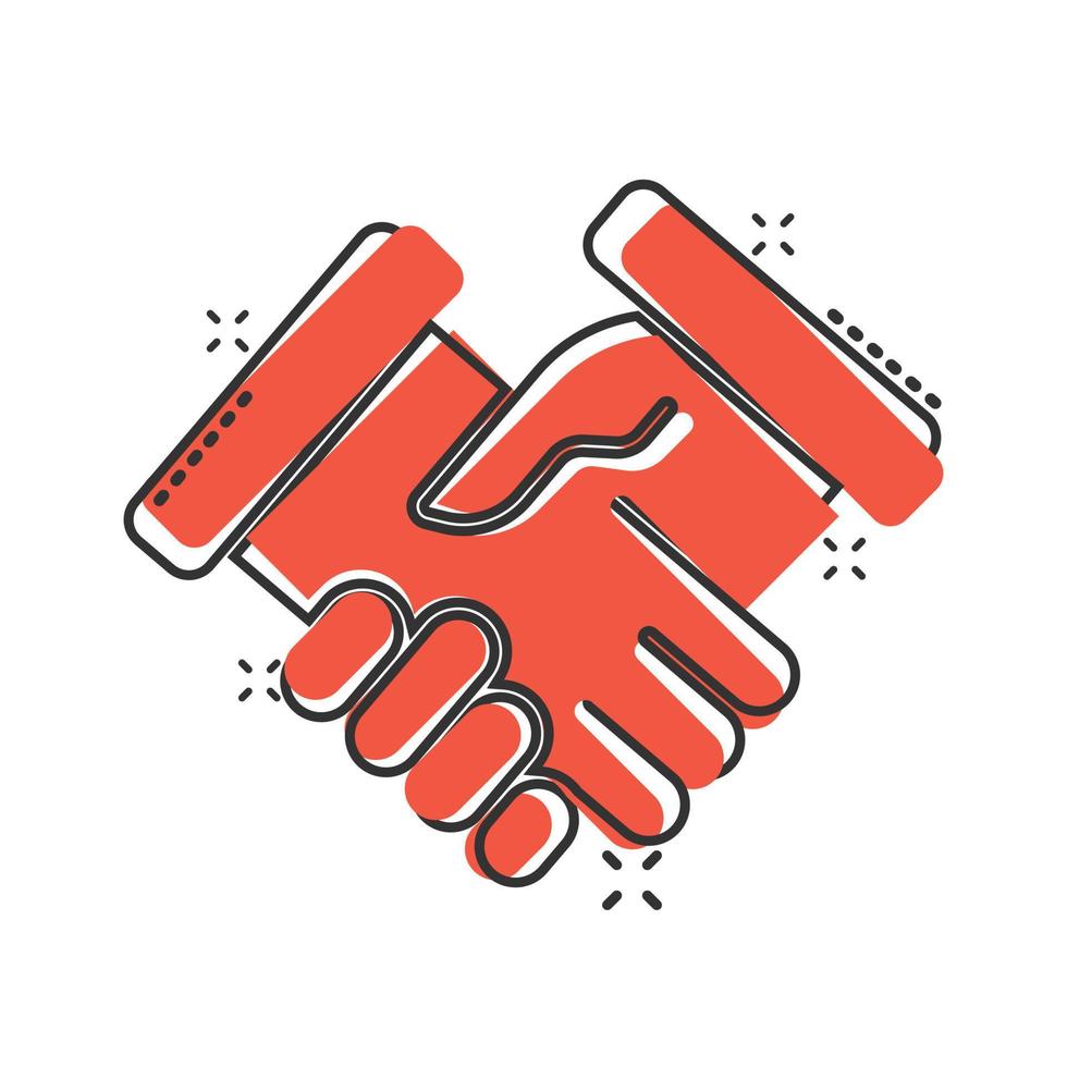 Handshake-Symbol im Comic-Stil. Partnerschaft Deal Cartoon-Vektor-Illustration auf weißem Hintergrund isoliert. Vereinbarung Splash-Effekt-Geschäftskonzept. vektor