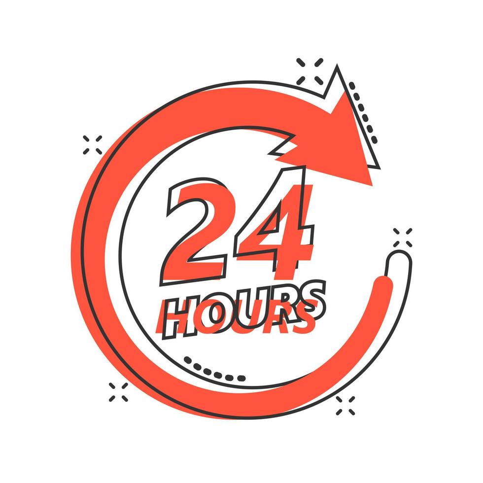 vektor tecknad serie tjugo fyra timme klocka ikon i komisk stil. 24 7 service tid begrepp illustration piktogram. runt om de klocka företag stänk effekt begrepp.
