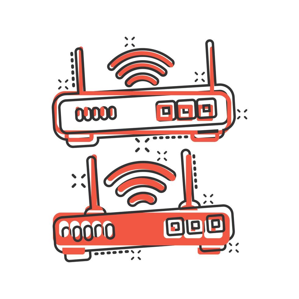 WLAN-Router-Symbol im Comic-Stil. Breitband-Cartoon-Vektorillustration auf weißem, isoliertem Hintergrund. Geschäftskonzept mit Splash-Effekt für die Internetverbindung. vektor