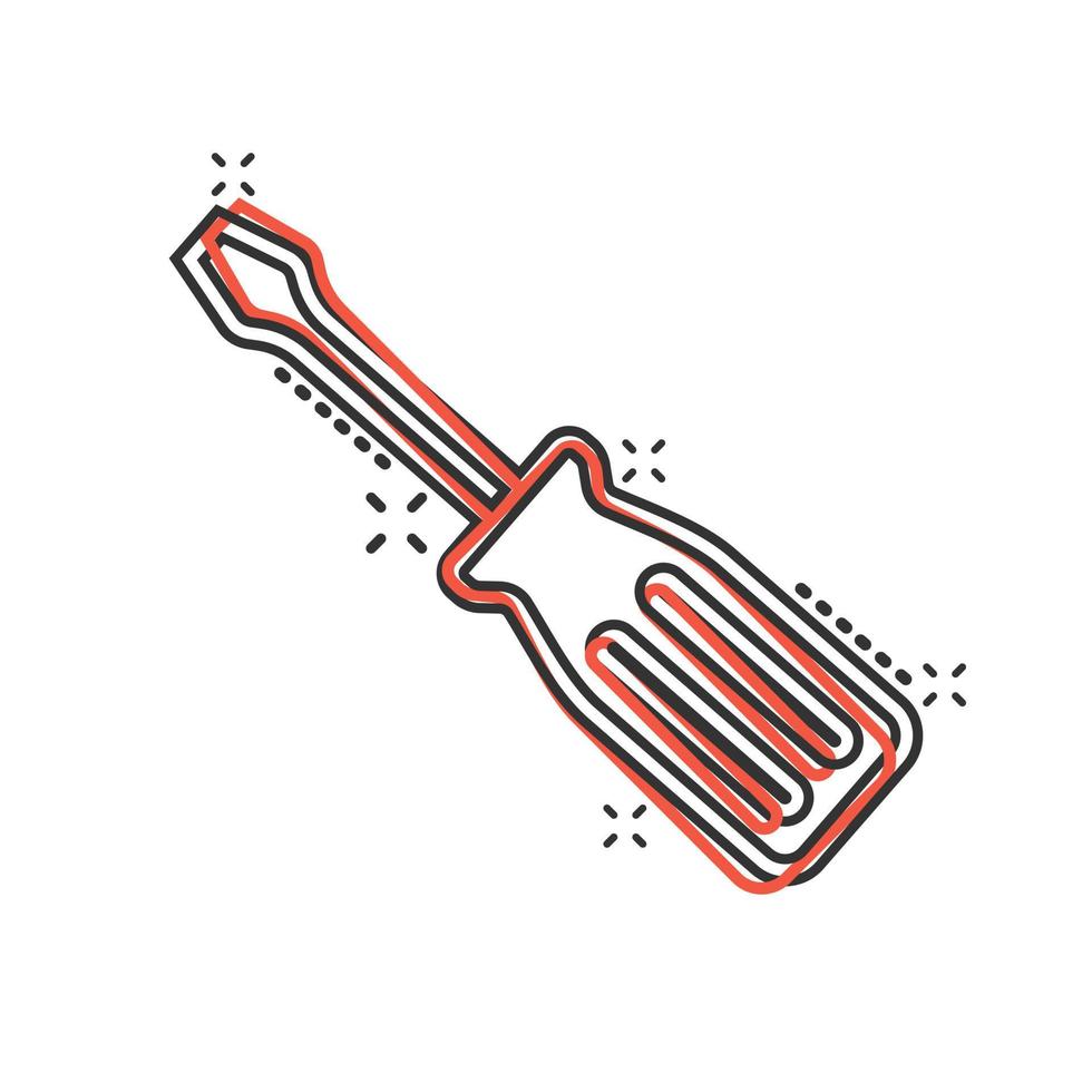 Schraubendreher-Symbol im Comic-Stil. Schraubenschlüssel-Cartoon-Vektorillustration auf weißem, isoliertem Hintergrund. Geschäftskonzept mit Splash-Effekt für Reparaturgeräte. vektor