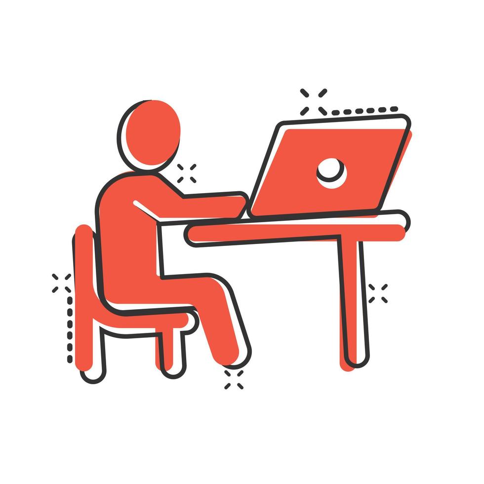 Menschen mit Laptop-Computer-Symbol im Comic-Stil. pc-benutzerkarikatur-vektorillustration auf weißem lokalisiertem hintergrund. Geschäftskonzept des Office-Manager-Splash-Effekts. vektor