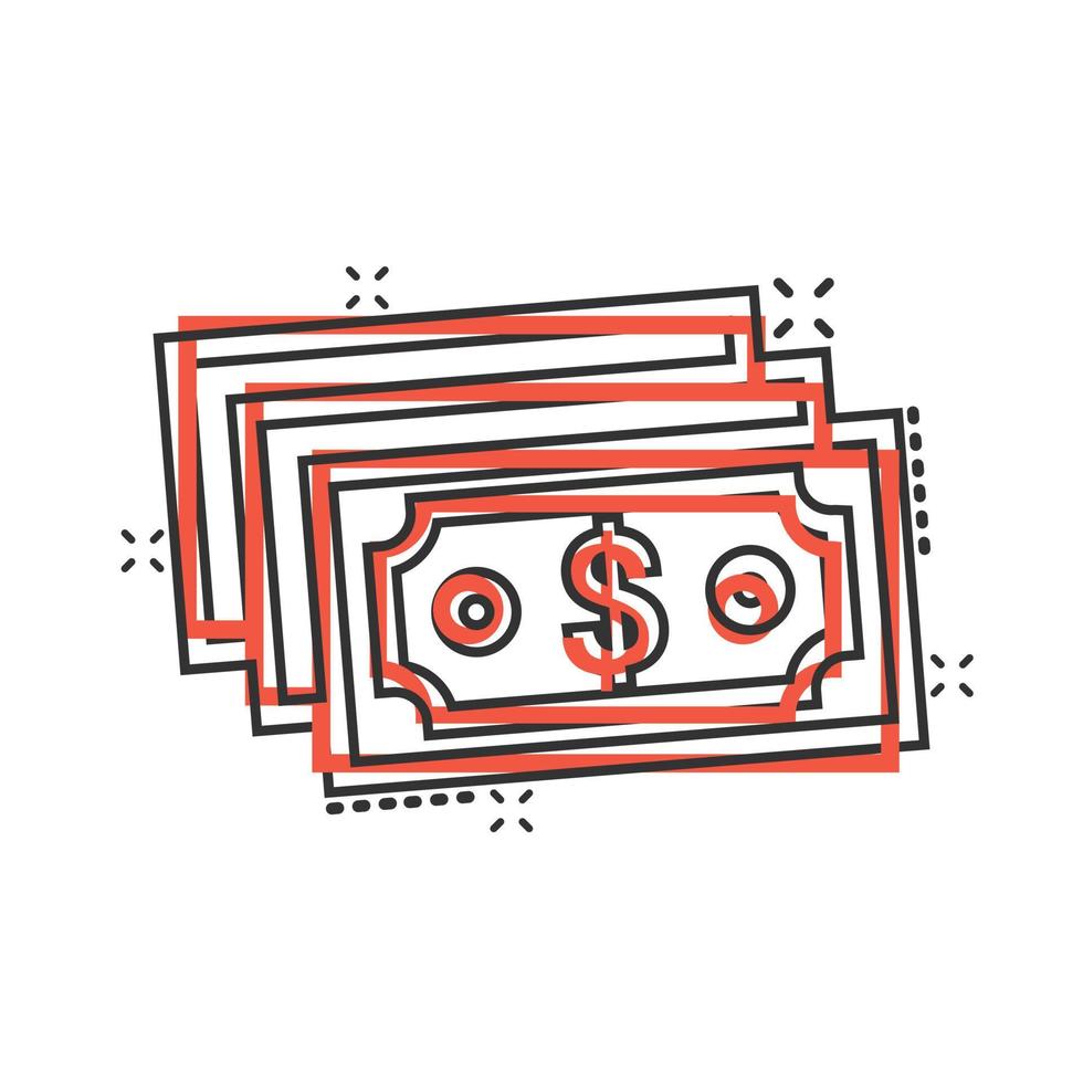 Dollar-Währungsbanknoten-Symbol im Comic-Stil. Dollar-Bargeld-Cartoon-Vektorillustration auf weißem, isoliertem Hintergrund. banknote bill splash effekt geschäftskonzept. vektor