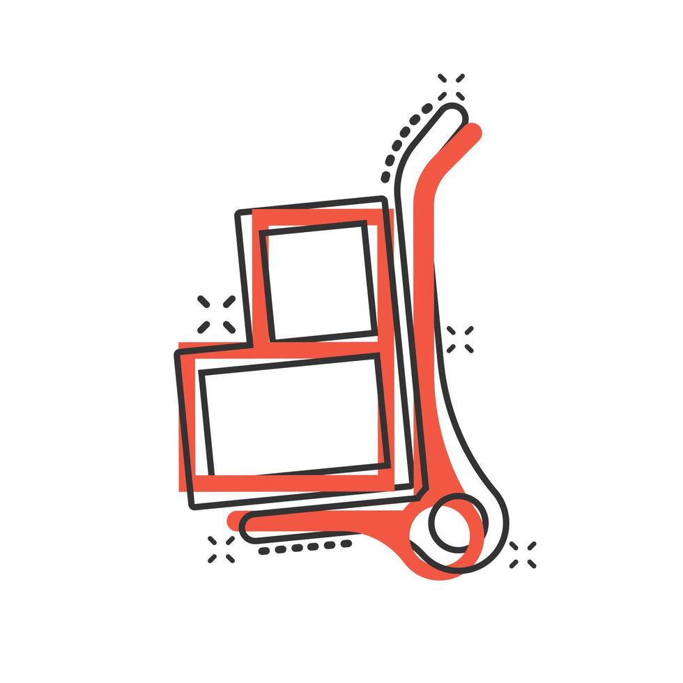 Cargo-Trolley-Symbol im Comic-Stil. Lieferung Box Cartoon-Vektor-Illustration auf weißem Hintergrund isoliert. Geschäftskonzept für den Versand von Kartons mit Splash-Effekt. vektor