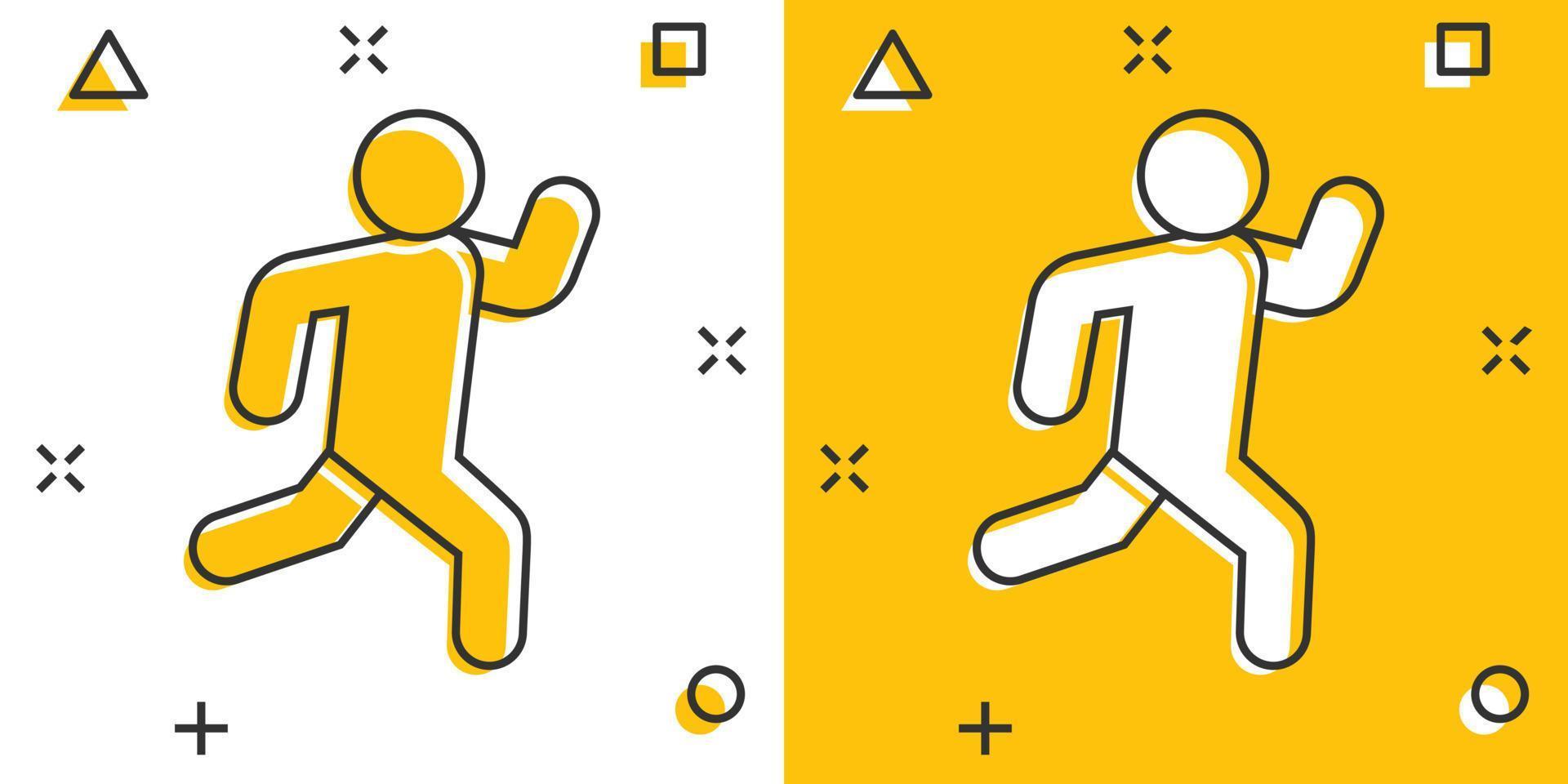 Laufen Sie Menschen-Symbol im Comic-Stil. Sprung-Cartoon-Vektor-Illustration auf weißem Hintergrund isoliert. Fitness-Splash-Effekt-Geschäftskonzept. vektor