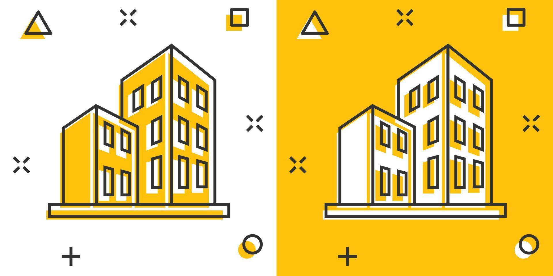 byggnad ikon i komisk stil. skyskrapa tecknad serie vektor illustration på vit isolerat bakgrund. arkitektur stänk effekt företag begrepp.