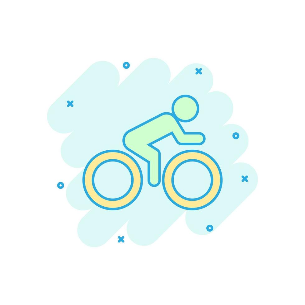 Menschen auf dem Fahrrad-Schild-Symbol im Comic-Stil. Fahrrad-Vektor-Cartoon-Illustration auf weißem Hintergrund isoliert. Männer, die Geschäftskonzept-Splash-Effekt radfahren. vektor