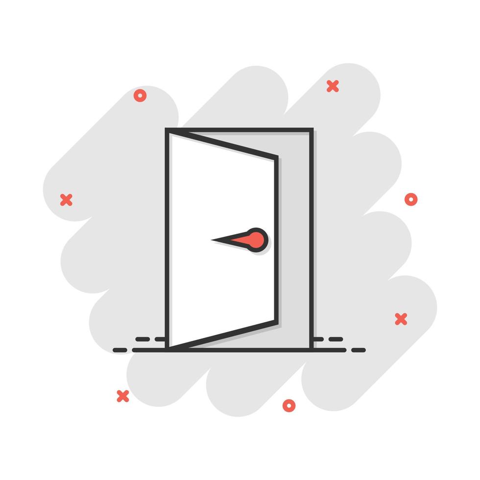 vektor tecknad serie dörr ikon i komisk stil. utgång tecken illustration piktogram. öppen dörr företag stänk effekt begrepp.