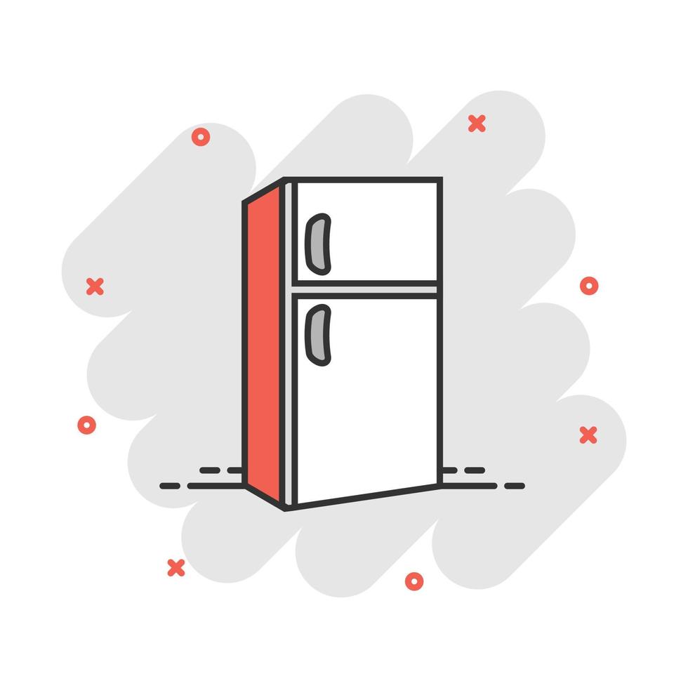 kylskåp kylskåp ikon i komisk stil. frys behållare vektor tecknad serie illustration piktogram. kylskåp företag begrepp stänk effekt.