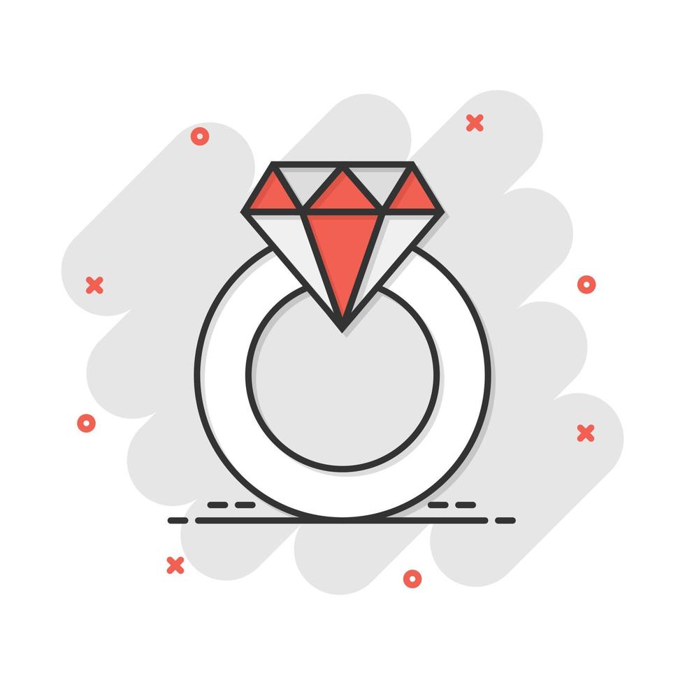 Vektor-Cartoon-Verlobungsring mit Diamant-Symbol im Comic-Stil. Hochzeitsschmuck Ring Abbildung Piktogramm. Romantik-Beziehung Business-Splash-Effekt-Konzept. vektor