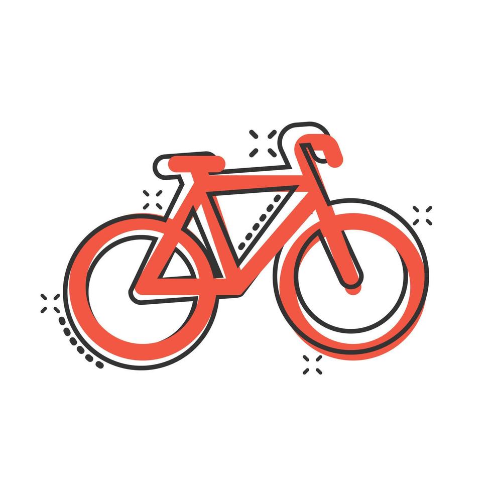 Fahrrad-Symbol im Comic-Stil. Fahrradkarikatur-Vektorillustration auf weißem lokalisiertem Hintergrund. Geschäftskonzept für Fahrradreisen mit Splash-Effekt. vektor