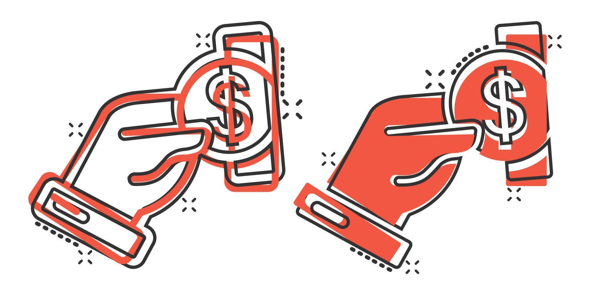 ersättning ikon i komisk stil. pengar i hand tecknad serie vektor illustration på vit isolerat bakgrund. mynt löner stänk effekt företag begrepp.