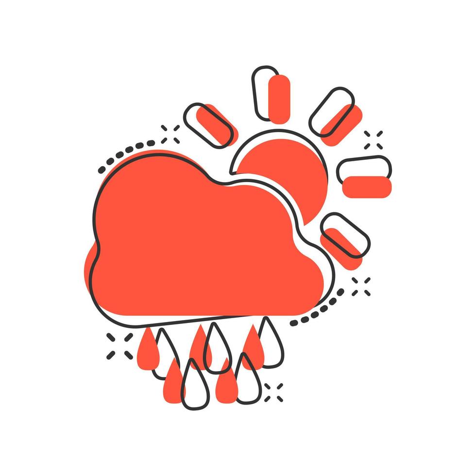 vektor tecknad serie väder prognos ikon i komisk stil. Sol med moln begrepp illustration piktogram. moln med regn företag stänk effekt begrepp.