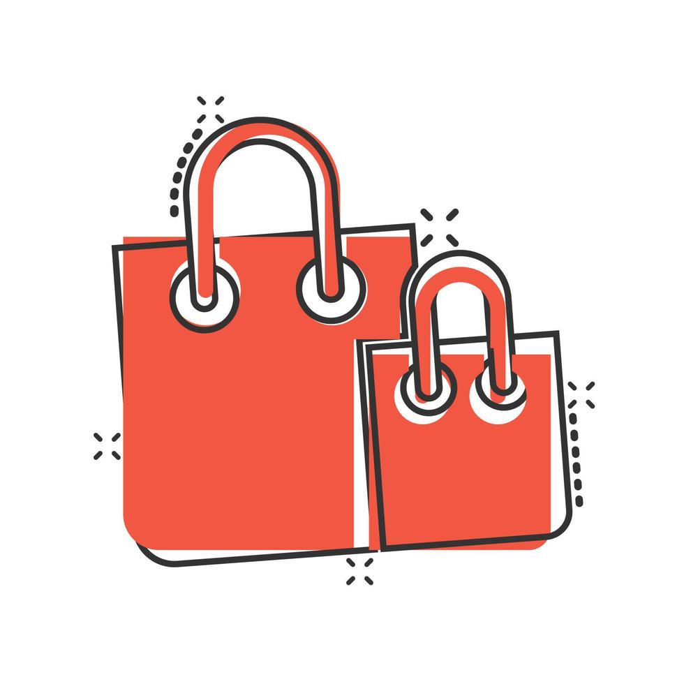 Einkaufstasche-Symbol im Comic-Stil. Handtaschenkarikaturzeichen-Vektorillustration auf weißem lokalisiertem Hintergrund. Paket-Splash-Effekt-Geschäftskonzept. vektor