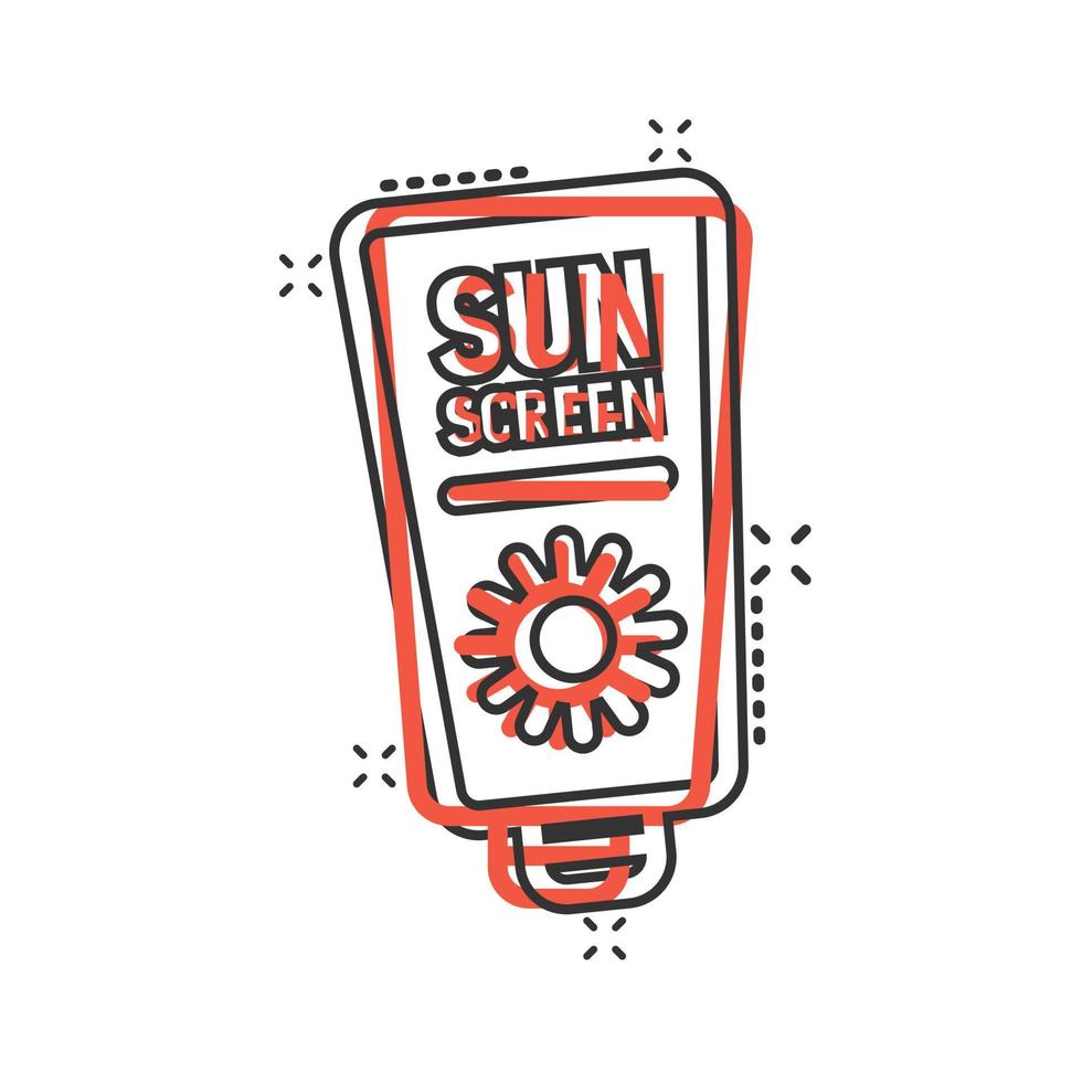 Sonnenschutz-Symbol im Comic-Stil. Sonnencreme-Cartoon-Vektorillustration auf weißem, isoliertem Hintergrund. Geschäftskonzept mit SPF-Pflege-Splash-Effekt. vektor