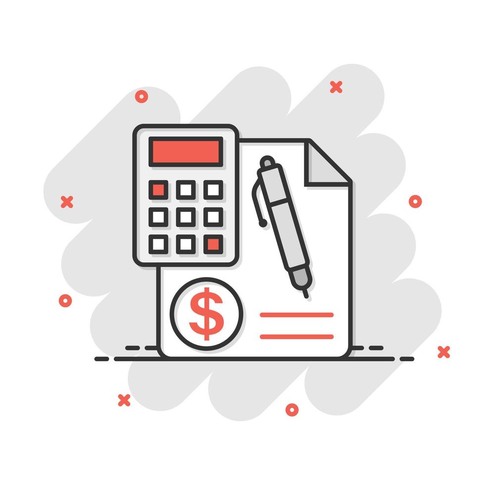 Geldberechnungssymbol im Comic-Stil. Budget-Banking-Vektor-Cartoon-Illustration auf weißem, isoliertem Hintergrund. Geschäftskonzept für Finanzzahlungen mit Splash-Effekt. vektor
