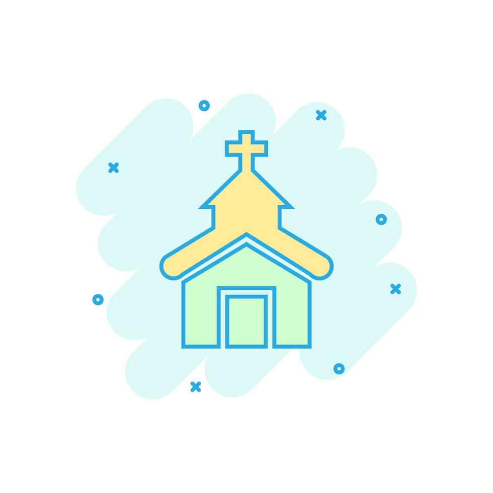kyrka ikon i komisk stil. kapell vektor tecknad serie illustration på vit isolerat bakgrund. religiös byggnad företag begrepp stänk effekt.